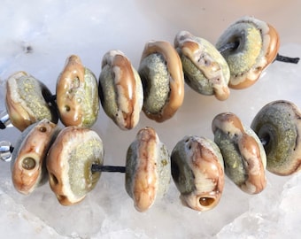 6 Large Crusty * Rustic Fields * Green Brown Organic Earthy Lampwork Beads Glass Beads by Beadfairy Lampwork, SRA