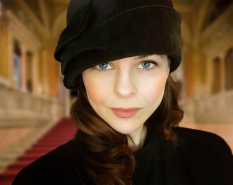 Grace Black - Velvet Downton Abbey Cloche with Leaf Accent 1920s Custom Size
