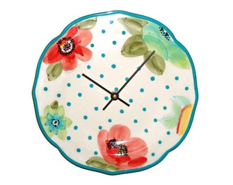 Turquoise Polka Dot and Floral Wall Clock 10-1/2 Inches, Numbers Available, Ceramic Plate Clock, Floral Wall Decor, Unique Wall Clock - 2136
