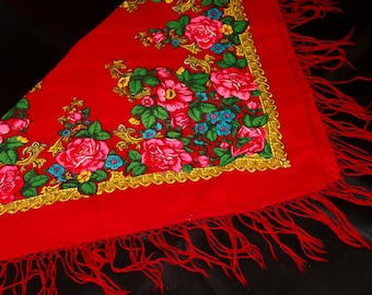 Red floral scarf vintage shawl fringed shawl vintage wool shawl red accessory shawl with tassels boho red scarf womens shawls bohemian shawl