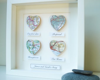 Personalised Map Hearts Story, Unique Wedding Gift, Met Married Live, Paper Anniversary, First Anniversary, Map Wall Art, Engagement gift