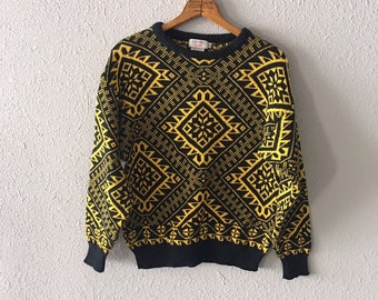 1980's Calvin Klein Sport Southwestern Print Vintage Black Sweater