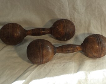 Dumbbells, Pair of Antique Wood Exercise Weights, Old Pair of Barbells