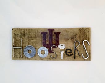 Indiana Hoosiers Rustic Wood and Found Object Sign. Hoosiers decor, Indiana Basketball, dorm room decor, man cave, sports bar sign.