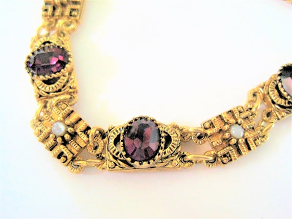 Amethyst Pearl Bracelet, Bezel Set Cabachons, Unsigned Beauty, Jeweled Rhinestone, Gold Tone Tennis Bracel