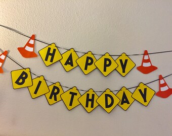 Happy Birthday banner- Construction birthday banner- Safety cone banner
