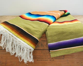 Vintage Mexican Serape Southwestern Blanket 44" by 81" Multi Colored Variegated Stripes Colorful Hand Woven Blankets