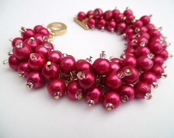 Raspberry Pink Pearl Bracelet, Bridesmaid Jewelry, Cluster Bracelet, Beaded Bracelet, Pink Wedding Jewelry, Dark Pink Bridesmaids Bracelets