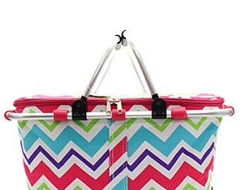 Insulated Multi color Chevron Collapsible Market Tote in Pink trim Personalized Free Great for Beach, Pool, Wedding gifts, Great for Tennis