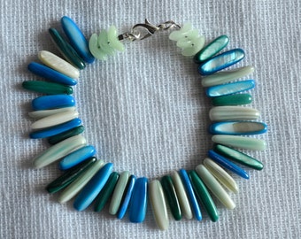 Blue, Turquoise, Mint, and Ivory Shell Bracelet with Czech Glass Detail