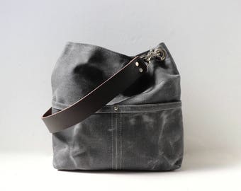 Small Bucket Bag, Waxed Canvas Hobo Tote, Crossbody Purse