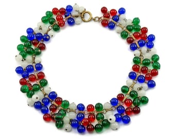 Vintage RARE 1930s Early MIRIAM HASKELL Red Blue Green Gripoix Glass Bead Dangle Collar Necklace