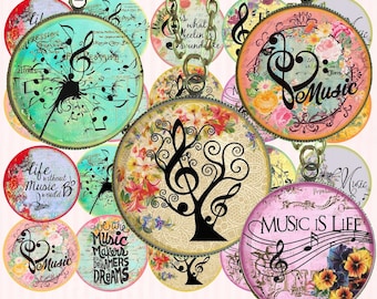 Digital Collage Sheet circles music treble clef score, digital bottlecaps, digital rounds music, one inch circle, instant download circles
