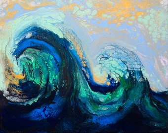 N.17 - Art Painting - The Great Waves - Fluid acrylic - Art Acrylic Painting On Canvas By Irena Rudman - Size:16" x 20" (40.5 cm x 51 cm)