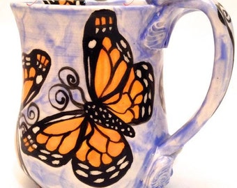 Handmade Stoneware Butterflies Mug Monarchs on Blue Made to Order MG0032