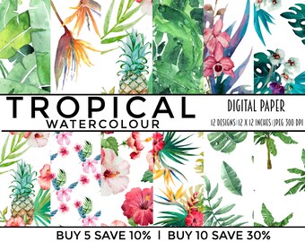 digital paper, digital papers, collage sheet, scrapbooking, scrapbook, paper, printable, pack, tropical, leaves, watercolor, floral, waterco