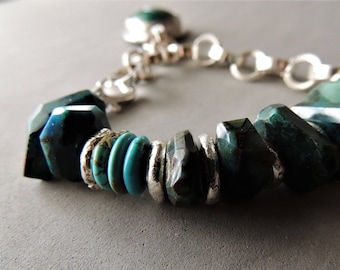 Heavy Sterling Silver Bracelet, Chrysocolla Bracelet, Silver Bezel and Gemstone, Artisan Jewelry, Rustic Handcrafted, Handmade Silver Chain