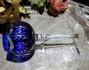Bohemian Cobalt Cut to Clear Wine Glass, Vintage Bohemian Crystal, Cobalt Wine Glass. Cut to Clear, Hexagonal Stem, Cut Base. Excellent