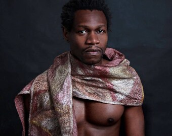 Silk-scarf-element Earth, Nuno-scarf, felt-scarf, silk, wool