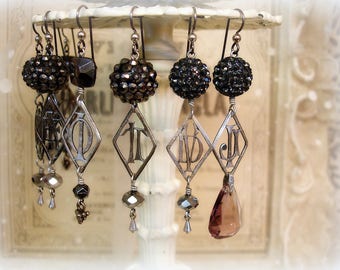 official initial one of a kind vintage assemblage SINGLE EARRING antique french monogram I T faux marcasite bead ball sterling kite