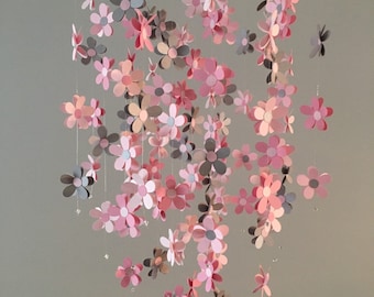 Flower mobile - in gray and pink, nursery mobile, baby girl mobile, photo prop, baby mobile