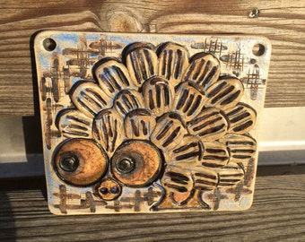 Scandinavian design /Ulla Winblad small stoneware plaque tile wall hanging relief / hedgehog /Alingsås Keramik / Sweden 60s