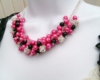 Hot Pink and Black Beaded Necklace, Rhinestone Bridesmaid Jewelry, Cluster Necklace, Chunky Necklace, Bridesmaid Gift, Bridesmaid Necklace