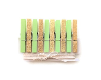 Mint Green and Gold Clothespins. Glitter Clothespins. Mint Green and Gold. Baby Shower. Mini Clothes Pins. Photo Display. Painted Clothespin
