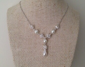 25% off - Bridal Y Necklace, Pearl Rhinestone Bridal Necklace, Pearl Y Drop Necklace, Bridal Y Style Necklace, Wedding Necklace, Ivory White