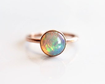 8 mm genuine natural Ethiopian Opal - solid 14K Gold, 14k Filled, Hammered Band - October Birthstone Ring - Opal Ring