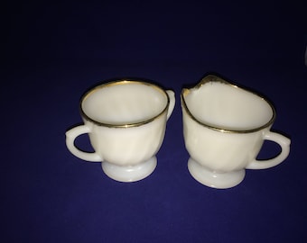 On Sale - White Fire King Sugar Bowl and Creamer - Swirl Milk Glass with Gold Trim - 1960 Fire King - Milk Glass - Vintage Fire King