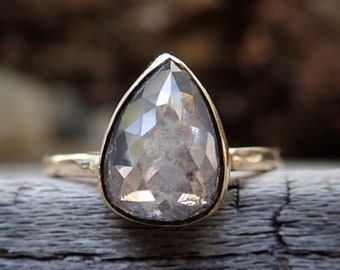 2 Carat Rose Cut Diamond, Grey Diamond Engagement Ring, Raw Pear Diamond Ring, 14k Gold, two carat diamond