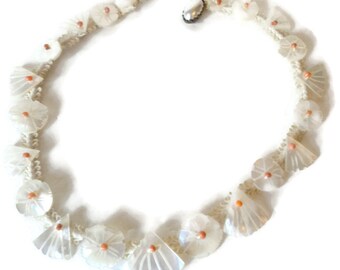 Early Frank Hess Miriam Haskell Mother Of Pearl Shell Coral Bead Choker Necklace On Silk Cord