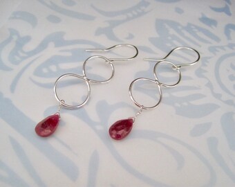 Ruby earrings, ruby drop earrings, ruby and silver circle earrings, July ruby earrings, modern ruby earrings, ruby jewelry, earrings