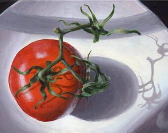 Original Painting Small Still Life Painting of Tomato, Kitchen Art for Home Decor in Red, White