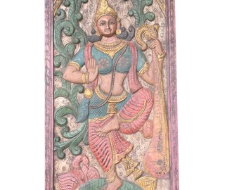 Antique wall Panel  Vintage Hand Carved Saraswati Hindu goddess of knowledge, music, arts, wisdom, learning Zen decor