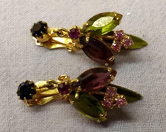Clip on Earrings Purple Green Faceted Navette Rhinestones, Prong Set Retro #C6