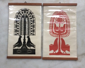 Pair of Vintage 1970s Polish Folk Paper Art Pictures Wycinanki | Original Handmade PaperCuts Wycinanki Polish Folk Art Collage Leluja Kurpie
