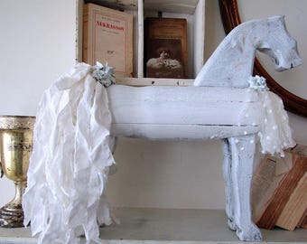 White carved wood horse statue primitive style embellished muslin tail w/ barely blue flowers shabby farmhouse home decor anita spero design