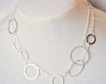 Handmade Long Silver Necklace Silver Chain Necklace Silver Hammered Rounds Necklace Silver Hammered Ovals Necklace Silver Link Necklace