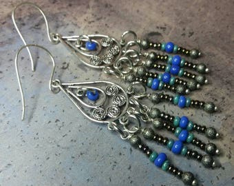 Boho chandelier earrings - blue silver brown earrings - long earrings - gypsy style - czech glass - Handmade jewelry by Salakaappi