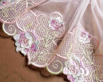 Super white embroidery tulle lace pink floral 19cm width