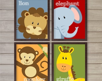 Jungle Animals Nursery Printable Wall Art Set of4 Lion Elephant Giraffe Monkey -8"x10"- Instant Download Baby Kids Room Decor Digital Poster