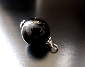 Black Onyx Pendant, Black Onyx Round Bead, Sterling Silver, Black Onyx Jewelry, Black Onyx Charm, Black Onyx Necklace, 14mm Pendant