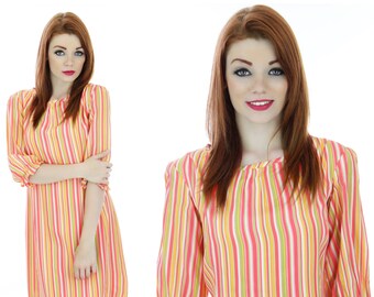 Mod Neon Dress 60s Sixties Striped 1960s 70s Mod Mini A-Line Ruffled Sleeve Cuffs Small S
