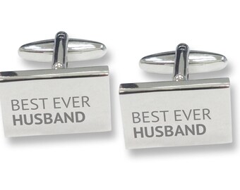 Engraved BEST EVER HUSBAND rectangle cufflinks, rhodium plated - BES6