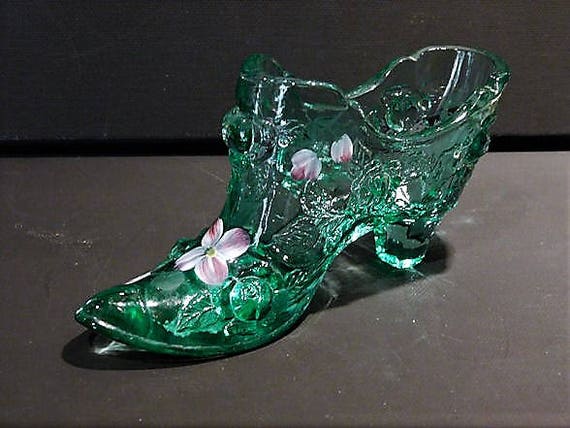 Fenton Glass Shoe / Green / Cabbage Rose / Hand Painted Flowers