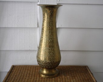 tall brass vase, etched brass vase, tall metal vase, Persian vase, Boho chic