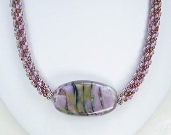 Handmade Beaded Kumihimo Necklace with Lampwork Tab. Purple