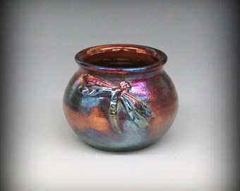 Raku Pot with Dragonfly in Spectacular Metallic Iridescent Colors